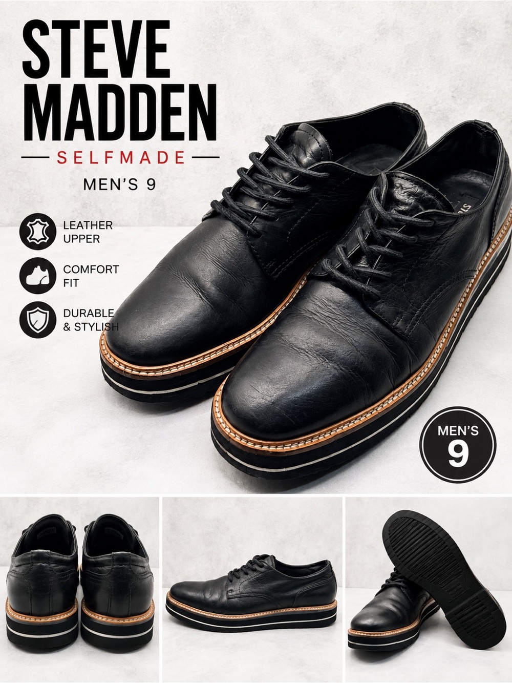 Steve Madden Selfmade Men’s Size 9 Black Leather Platform Oxford Dress Shoes